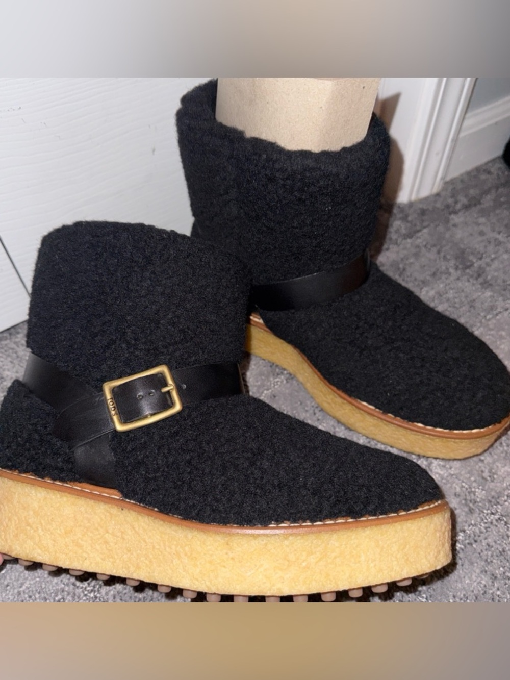 Tods Black Shearling Platform Ankle Boots with Buckle new with box 6/36